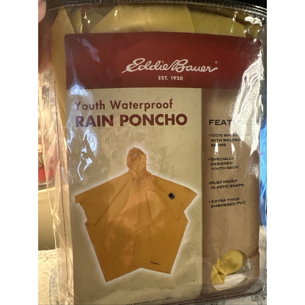 Eddie Bauer Youth Waterproof PVC Hooded Rain Poncho Unisex Yellow Childs Kid New